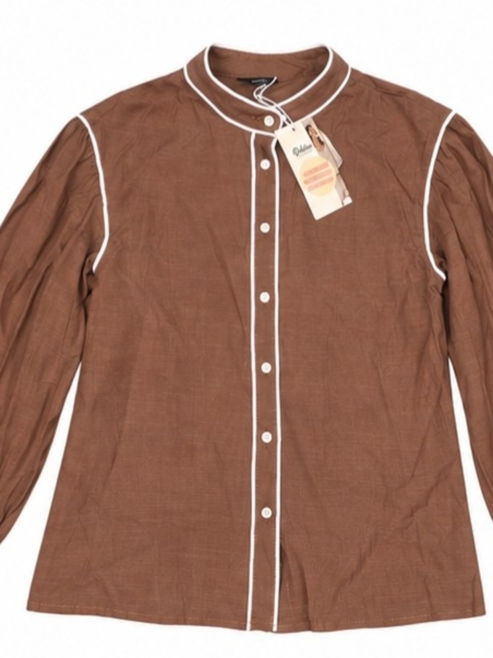 Dokotoo Women’s Brown White-Piped Button-Up Blouse Size Small NWT